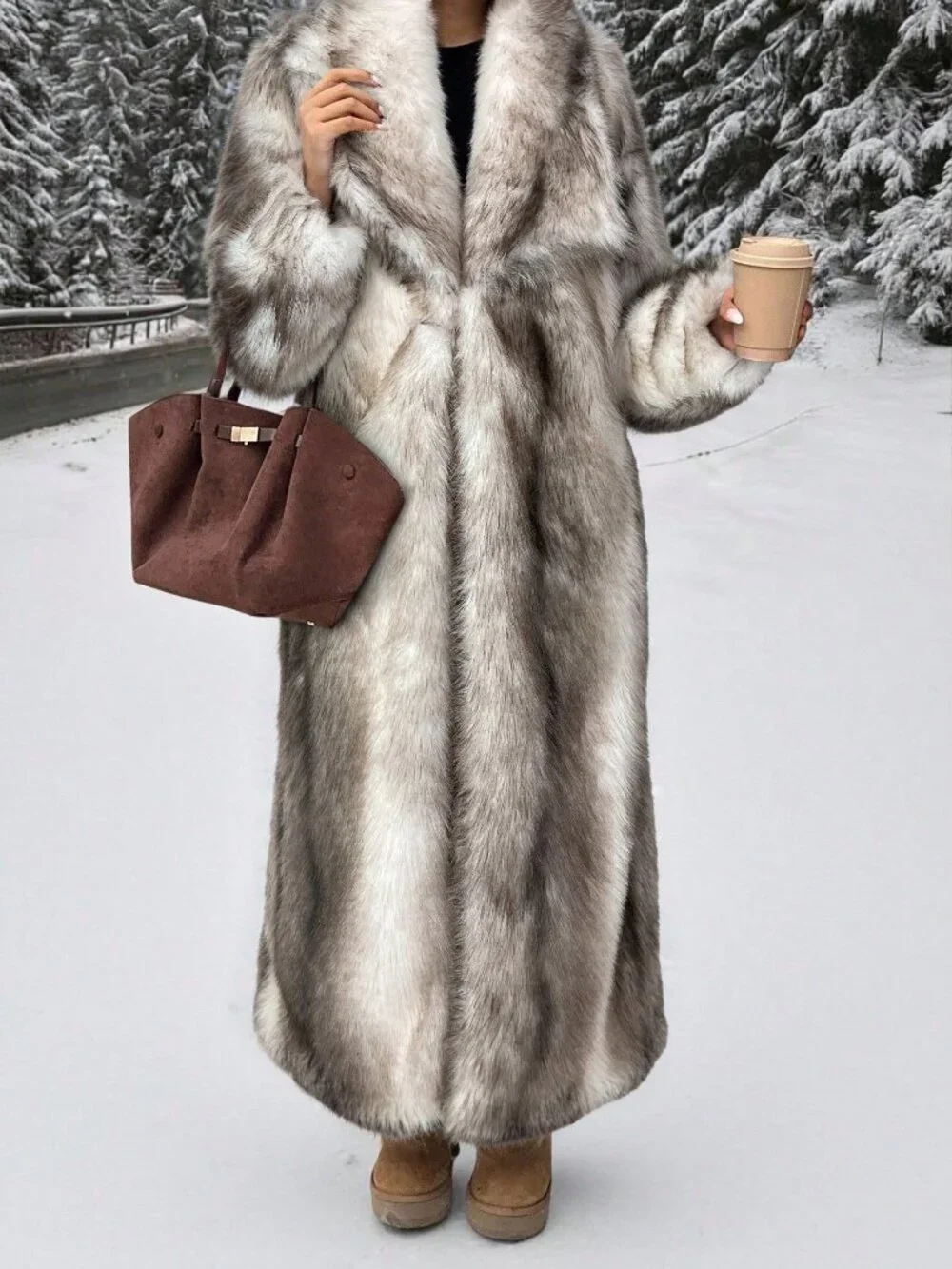 White Casual Women's Long Faux Fur Collar Coat